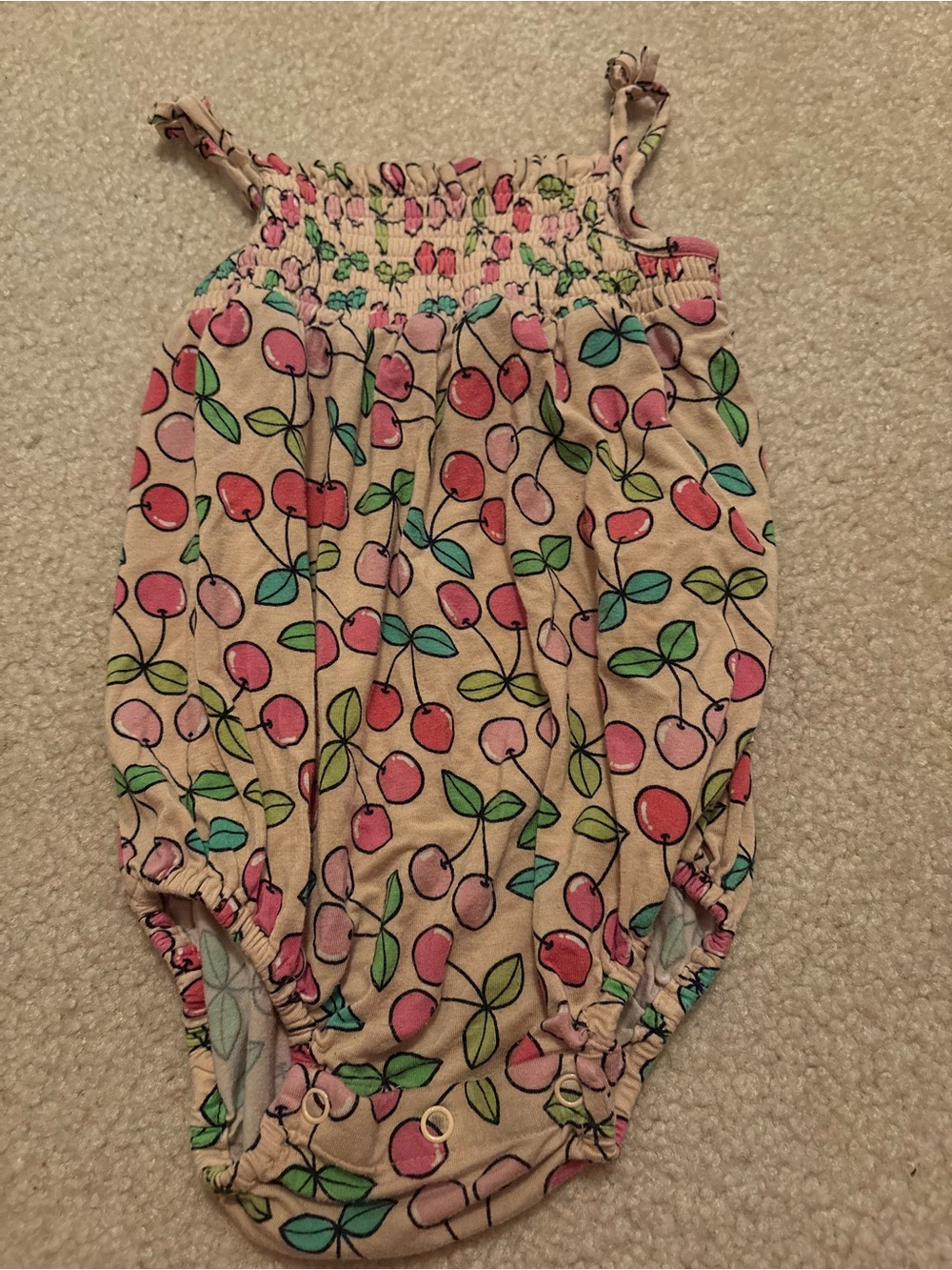 Posh Peanut Pink Cherry Print Bubble Romper with Green Leaf Accents